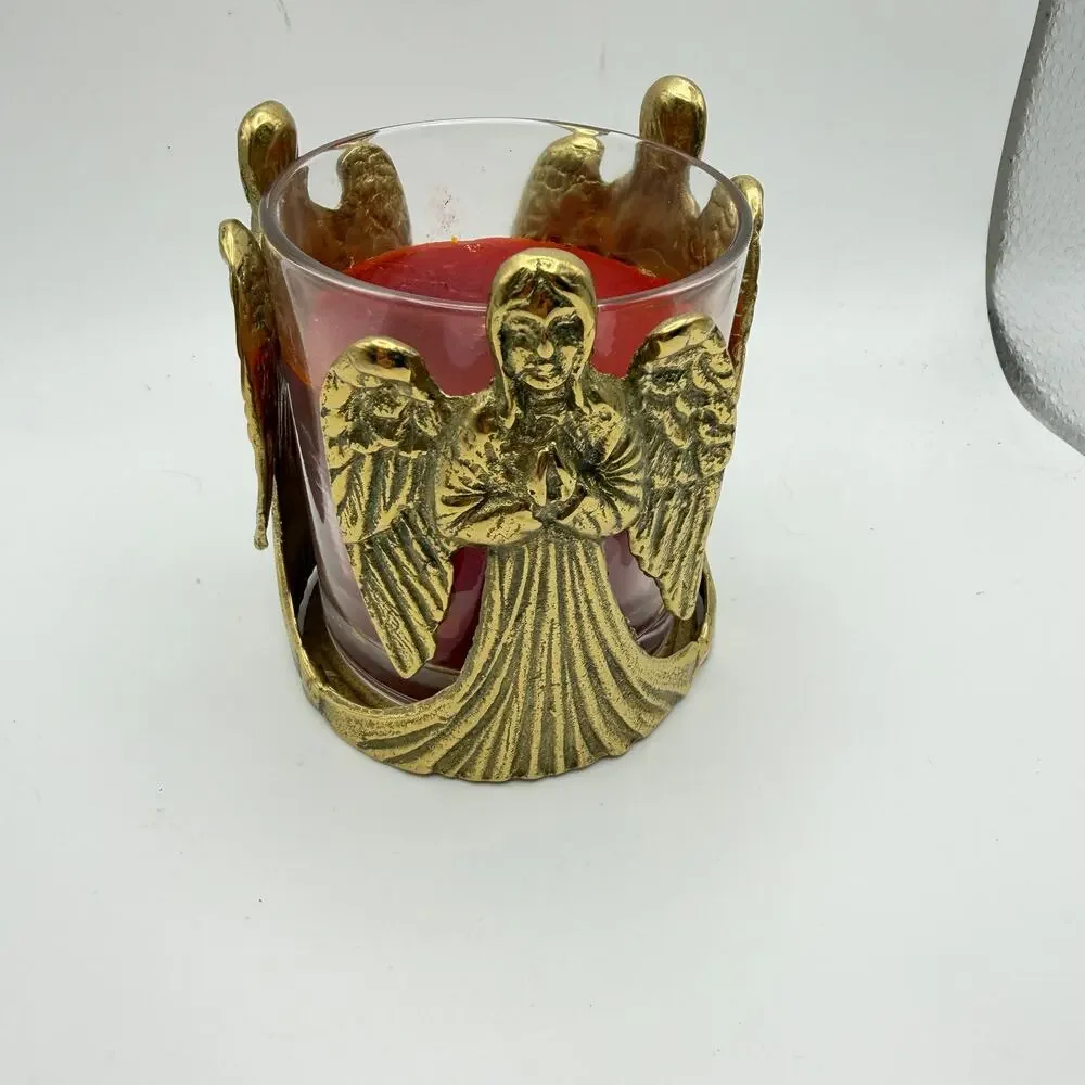 Solid Brass Angel Votive Candle Holder Three Praying Cherubs Glass Cup Korea